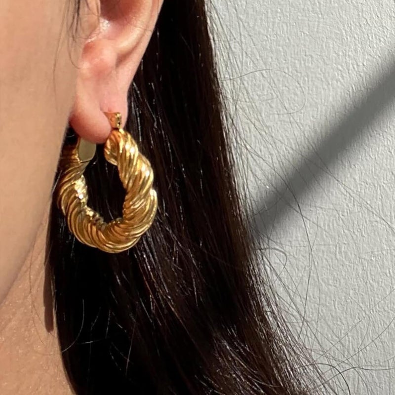 Tewiky Chunky Gold Hoop Earrings for Women, 14k Gold Plated Thick Triple Hoop Earrings Hypoallergenic Trendy Chunky Gold Hoops Earrings Dainty Jewelry Gifts for Women - Image 2